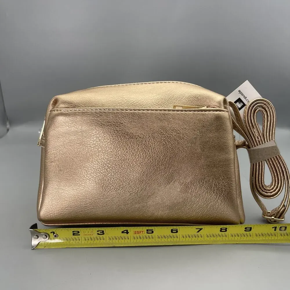FashionPuzzle Triple Zip Small Crossbody Bag Faux Leather Rose Gold Purse NWT